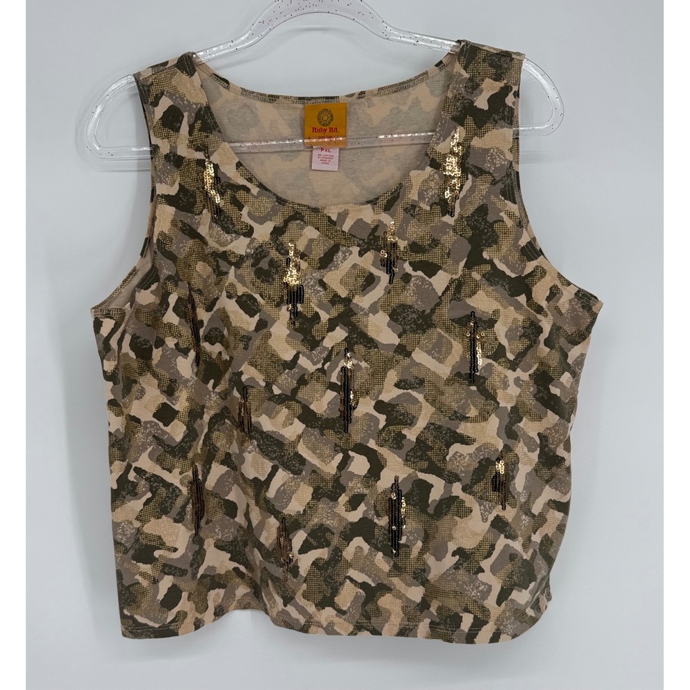 Ruby Rd Petite Sz XL Tank Top Camo Gold Sequin Embellished Sleeveless Olive